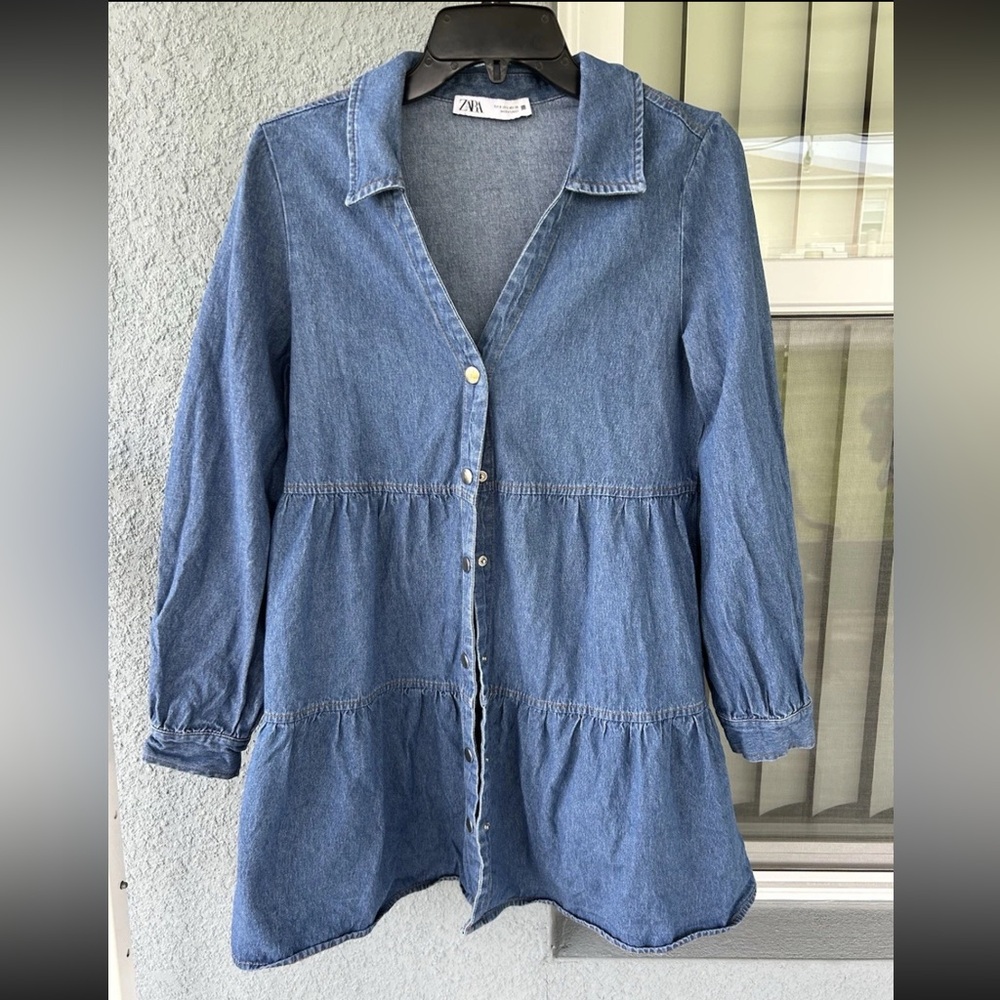 Zara Denim Mini Tiered Snap Buttons Minimalist Casual Babydoll Dress Size Small
